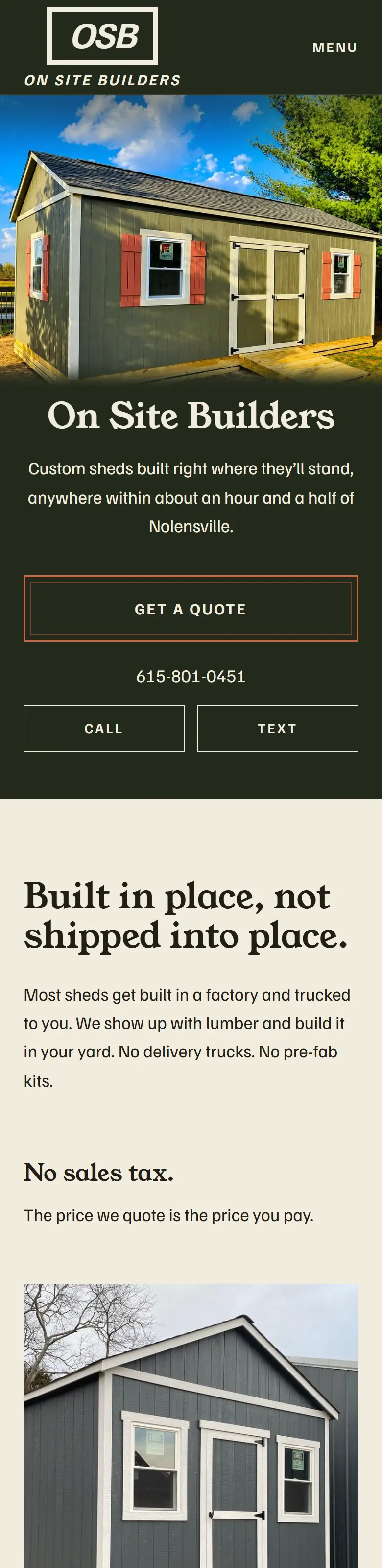 The On Site Builders home page on a phone, from top to bottom