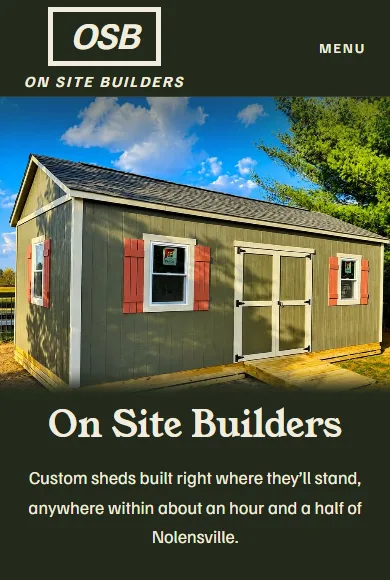 The On Site Builders website on a phone, opening with a photo of a finished shed