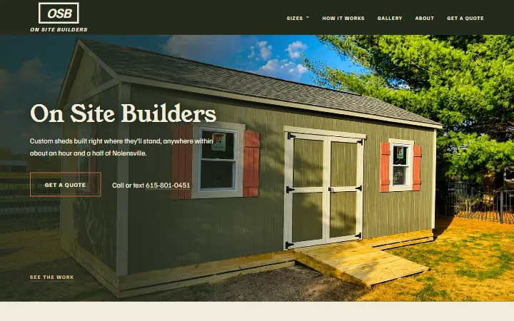 The On Site Builders homepage on a laptop: a finished shed and the line Custom sheds built right where they'll stand