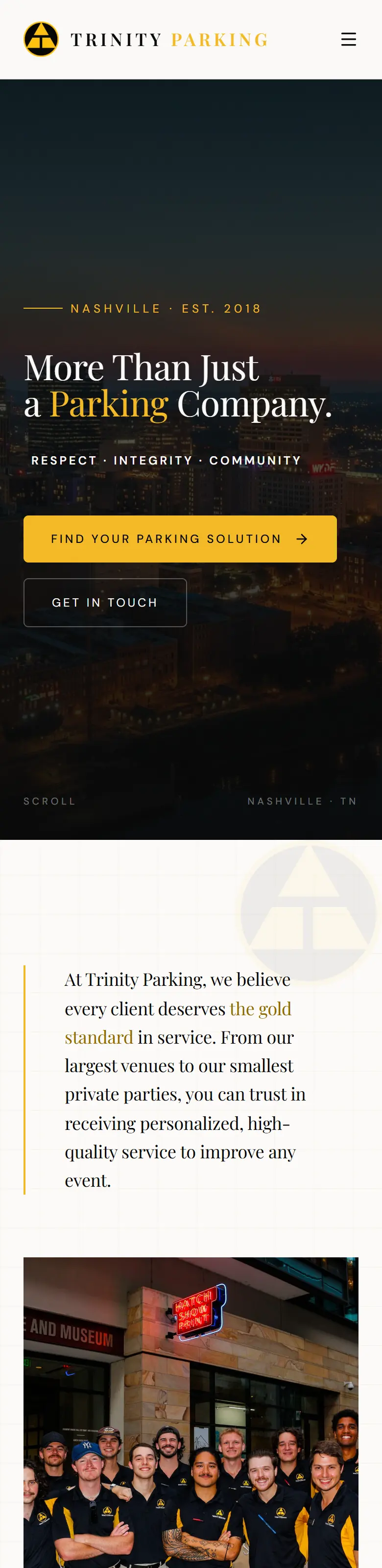 The Trinity Parking home page on a phone, from top to bottom