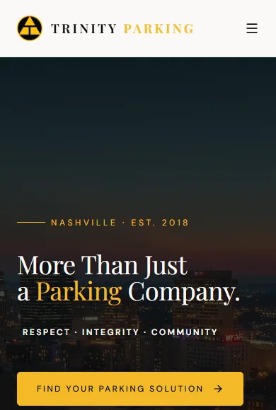 The Trinity Parking website on a phone, opening with downtown Nashville at night